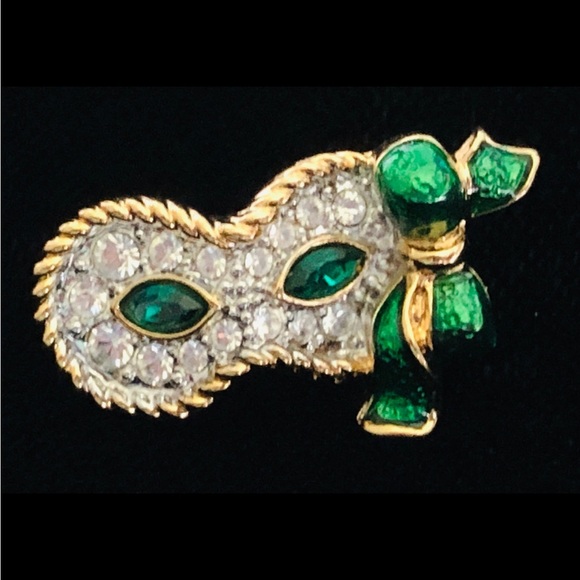 Vintage Swarovski Crystal & Green Enamel Mardi Gras Mask Tack Pin Stamped - Picture 4 of 5
